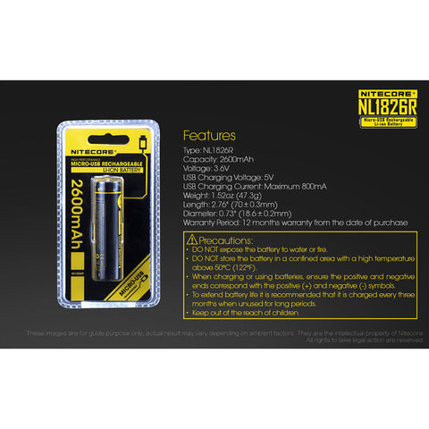 Batteries & Chargers - Nitecore NL1826R 2600mAh USB Rechargeable 18650 Li-ion Battery